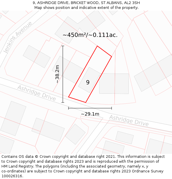 9, ASHRIDGE DRIVE, BRICKET WOOD, ST ALBANS, AL2 3SH: Plot and title map