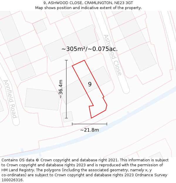 9, ASHWOOD CLOSE, CRAMLINGTON, NE23 3GT: Plot and title map