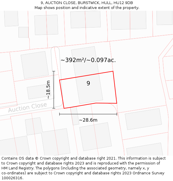 9, AUCTION CLOSE, BURSTWICK, HULL, HU12 9DB: Plot and title map