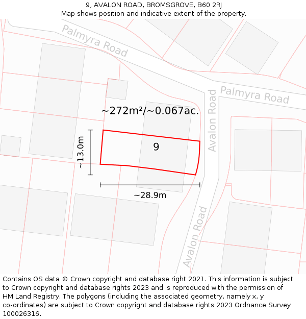 9, AVALON ROAD, BROMSGROVE, B60 2RJ: Plot and title map