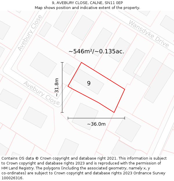 9, AVEBURY CLOSE, CALNE, SN11 0EP: Plot and title map