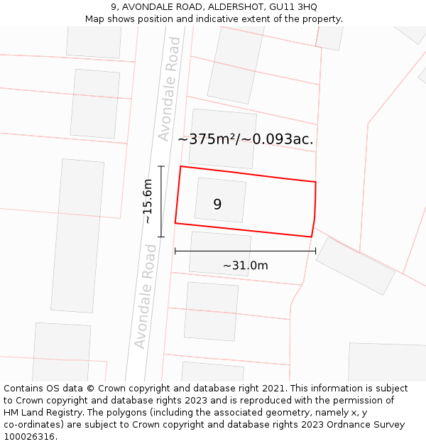 9, AVONDALE ROAD, ALDERSHOT, GU11 3HQ: Plot and title map