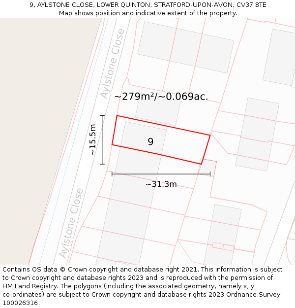 9, AYLSTONE CLOSE, LOWER QUINTON, STRATFORD-UPON-AVON, CV37 8TE: Plot and title map