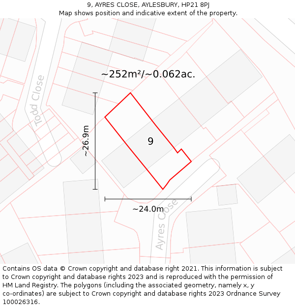 9, AYRES CLOSE, AYLESBURY, HP21 8PJ: Plot and title map