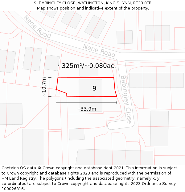 9, BABINGLEY CLOSE, WATLINGTON, KING'S LYNN, PE33 0TR: Plot and title map