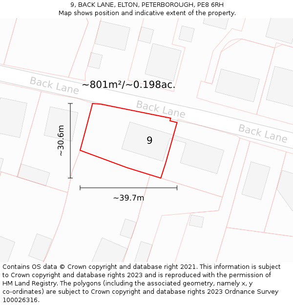 9, BACK LANE, ELTON, PETERBOROUGH, PE8 6RH: Plot and title map