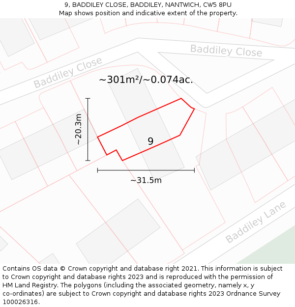 9, BADDILEY CLOSE, BADDILEY, NANTWICH, CW5 8PU: Plot and title map