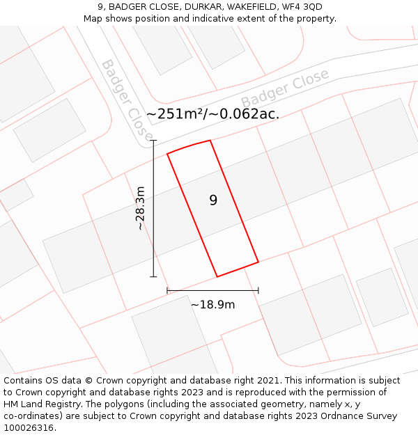 9, BADGER CLOSE, DURKAR, WAKEFIELD, WF4 3QD: Plot and title map