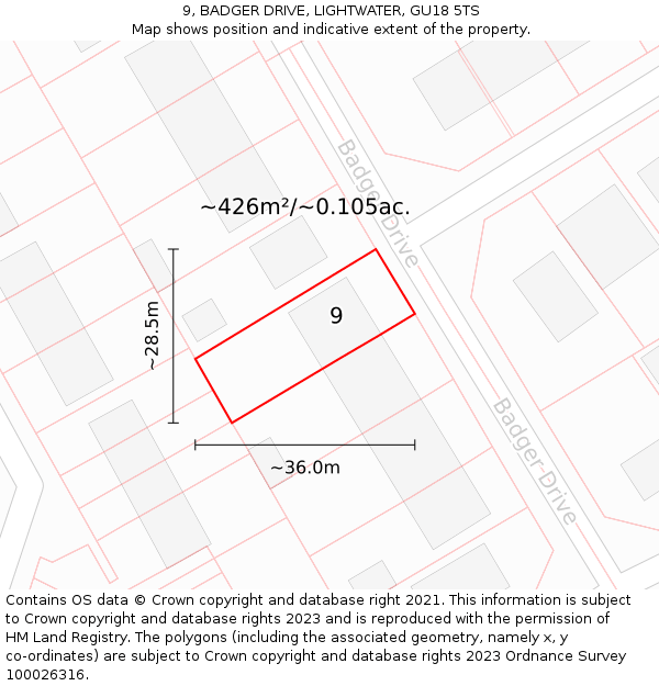 9, BADGER DRIVE, LIGHTWATER, GU18 5TS: Plot and title map