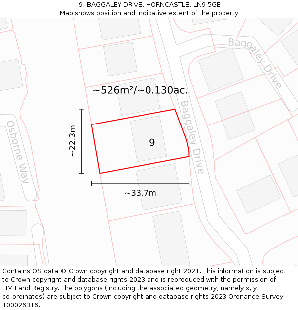 9, BAGGALEY DRIVE, HORNCASTLE, LN9 5GE: Plot and title map