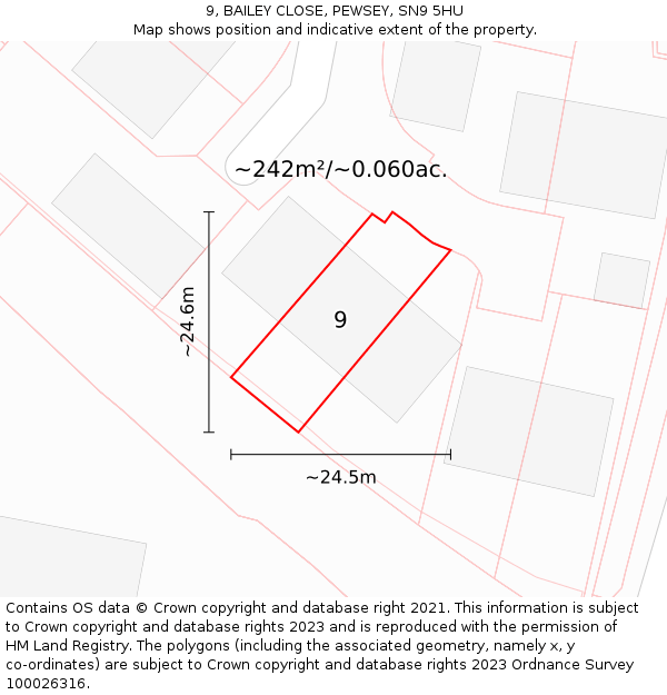 9, BAILEY CLOSE, PEWSEY, SN9 5HU: Plot and title map