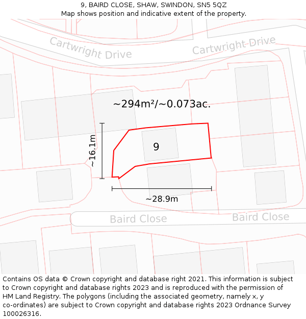 9, BAIRD CLOSE, SHAW, SWINDON, SN5 5QZ: Plot and title map