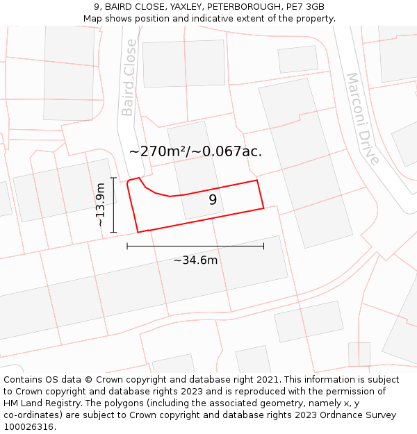 9, BAIRD CLOSE, YAXLEY, PETERBOROUGH, PE7 3GB: Plot and title map