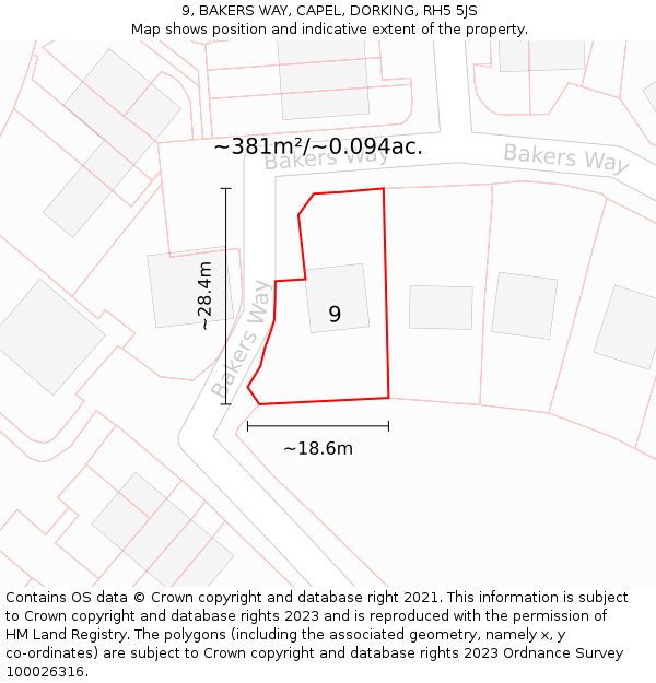 9, BAKERS WAY, CAPEL, DORKING, RH5 5JS: Plot and title map