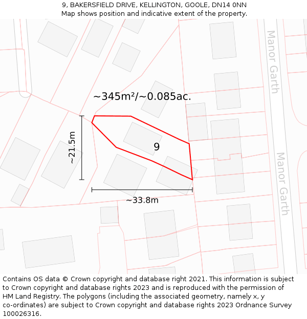 9, BAKERSFIELD DRIVE, KELLINGTON, GOOLE, DN14 0NN: Plot and title map