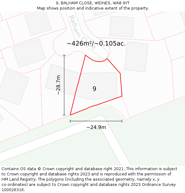 9, BALHAM CLOSE, WIDNES, WA8 9YT: Plot and title map