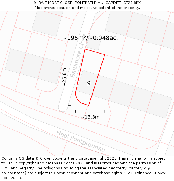 9, BALTIMORE CLOSE, PONTPRENNAU, CARDIFF, CF23 8PX: Plot and title map