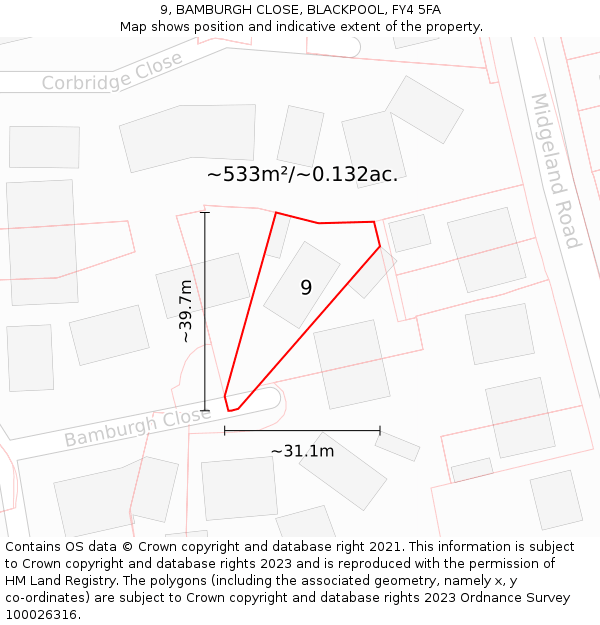 9, BAMBURGH CLOSE, BLACKPOOL, FY4 5FA: Plot and title map