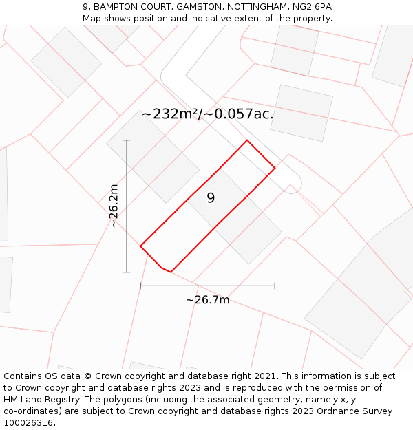 9, BAMPTON COURT, GAMSTON, NOTTINGHAM, NG2 6PA: Plot and title map