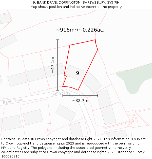 9, BANK DRIVE, DORRINGTON, SHREWSBURY, SY5 7JH: Plot and title map