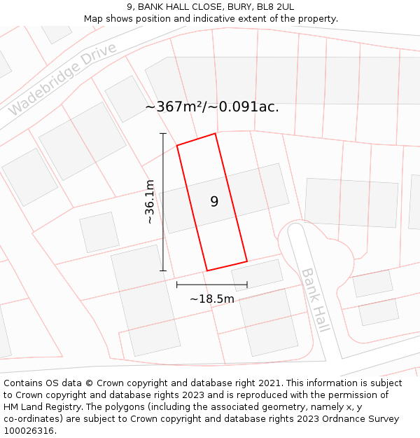 9, BANK HALL CLOSE, BURY, BL8 2UL: Plot and title map