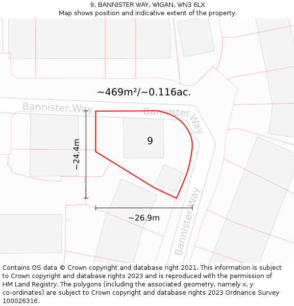 9, BANNISTER WAY, WIGAN, WN3 6LX: Plot and title map