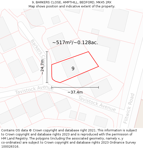 9, BARKERS CLOSE, AMPTHILL, BEDFORD, MK45 2RX: Plot and title map