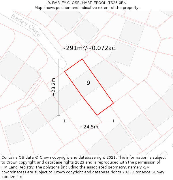 9, BARLEY CLOSE, HARTLEPOOL, TS26 0RN: Plot and title map