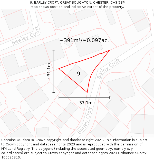 9, BARLEY CROFT, GREAT BOUGHTON, CHESTER, CH3 5SP: Plot and title map