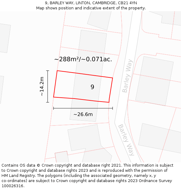 9, BARLEY WAY, LINTON, CAMBRIDGE, CB21 4YN: Plot and title map