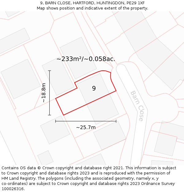 9, BARN CLOSE, HARTFORD, HUNTINGDON, PE29 1XF: Plot and title map