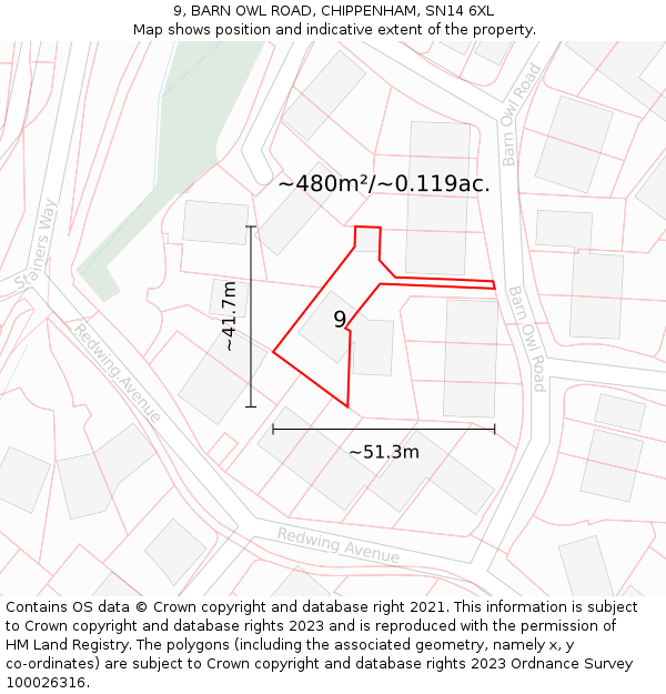 9, BARN OWL ROAD, CHIPPENHAM, SN14 6XL: Plot and title map