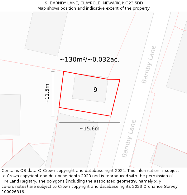 9, BARNBY LANE, CLAYPOLE, NEWARK, NG23 5BD: Plot and title map