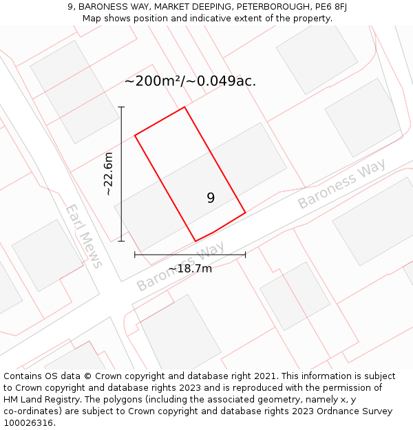 9, BARONESS WAY, MARKET DEEPING, PETERBOROUGH, PE6 8FJ: Plot and title map