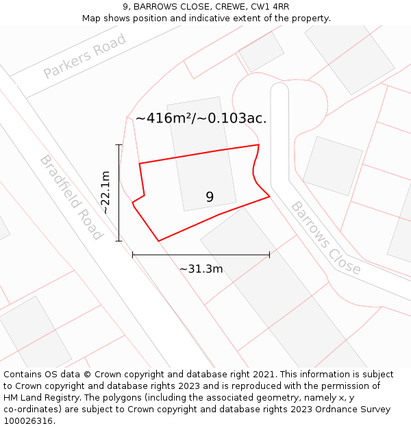 9, BARROWS CLOSE, CREWE, CW1 4RR: Plot and title map