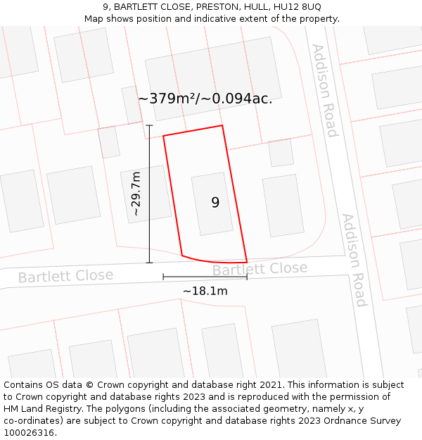 9, BARTLETT CLOSE, PRESTON, HULL, HU12 8UQ: Plot and title map