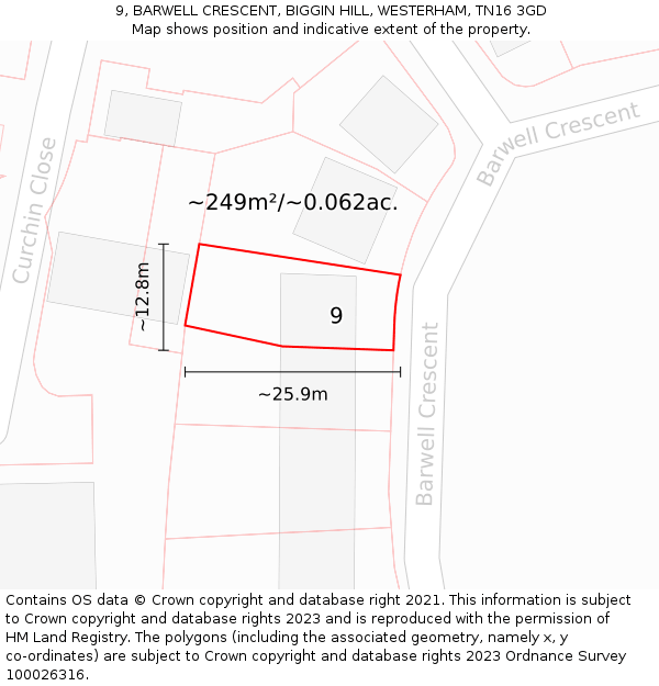 9, BARWELL CRESCENT, BIGGIN HILL, WESTERHAM, TN16 3GD: Plot and title map