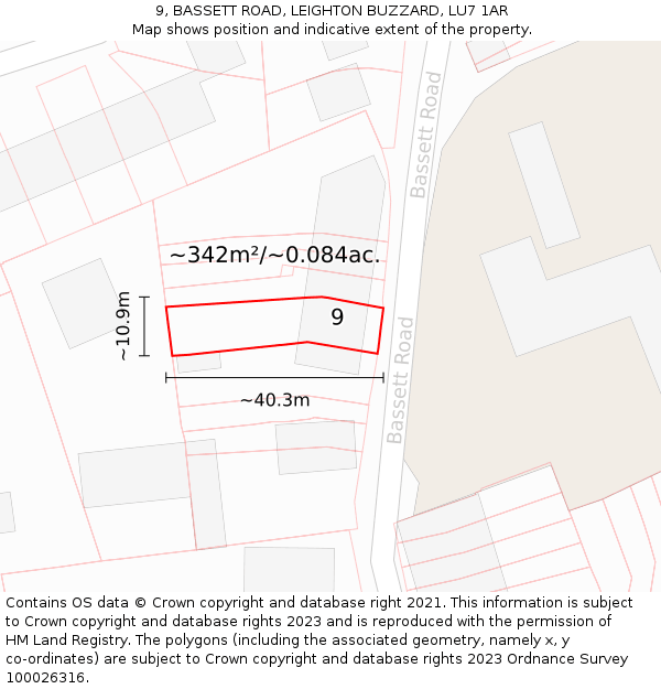 9, BASSETT ROAD, LEIGHTON BUZZARD, LU7 1AR: Plot and title map