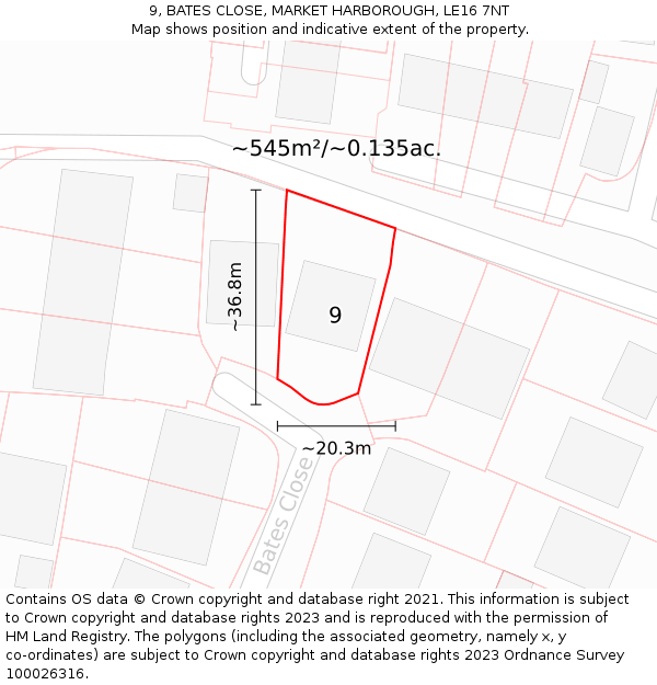 9, BATES CLOSE, MARKET HARBOROUGH, LE16 7NT: Plot and title map