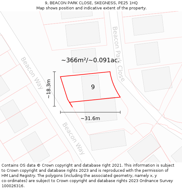 9, BEACON PARK CLOSE, SKEGNESS, PE25 1HQ: Plot and title map