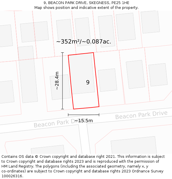 9, BEACON PARK DRIVE, SKEGNESS, PE25 1HE: Plot and title map