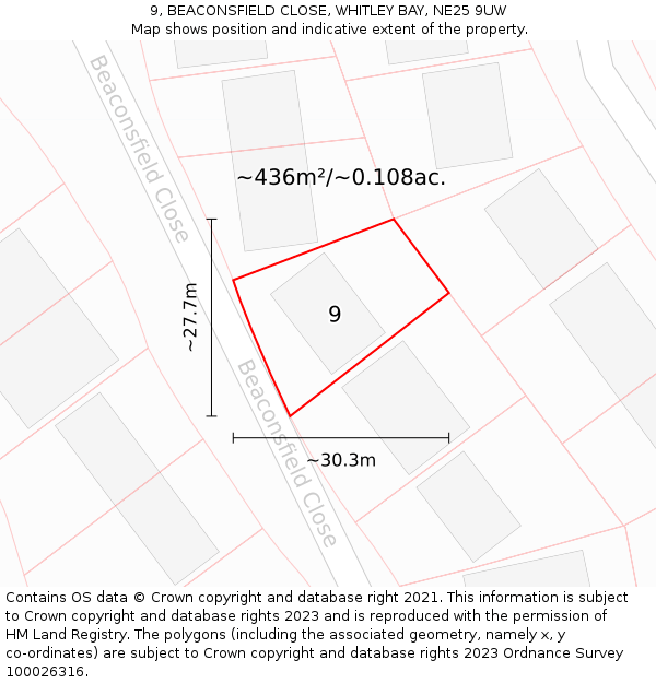 9, BEACONSFIELD CLOSE, WHITLEY BAY, NE25 9UW: Plot and title map