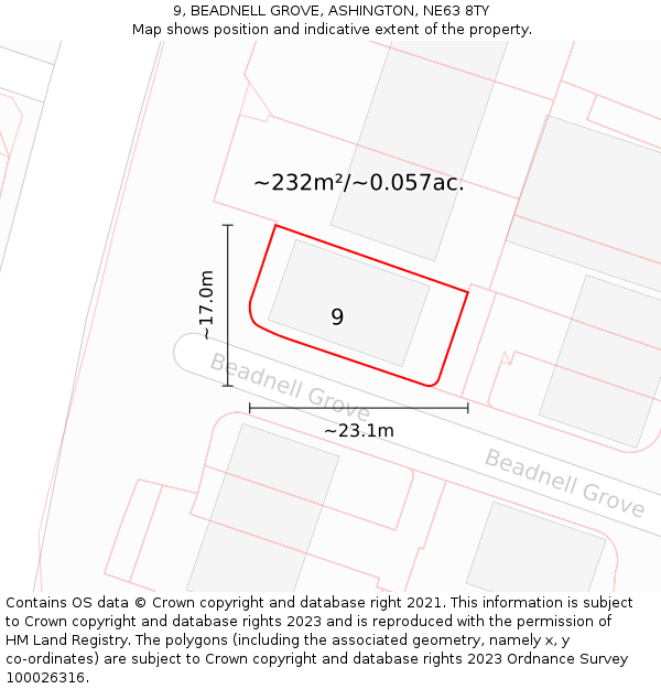 9, BEADNELL GROVE, ASHINGTON, NE63 8TY: Plot and title map