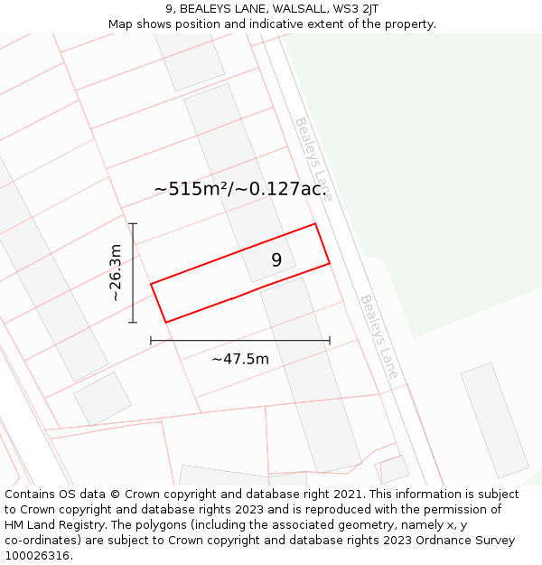 9, BEALEYS LANE, WALSALL, WS3 2JT: Plot and title map