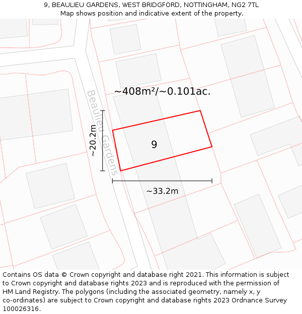 9, BEAULIEU GARDENS, WEST BRIDGFORD, NOTTINGHAM, NG2 7TL: Plot and title map