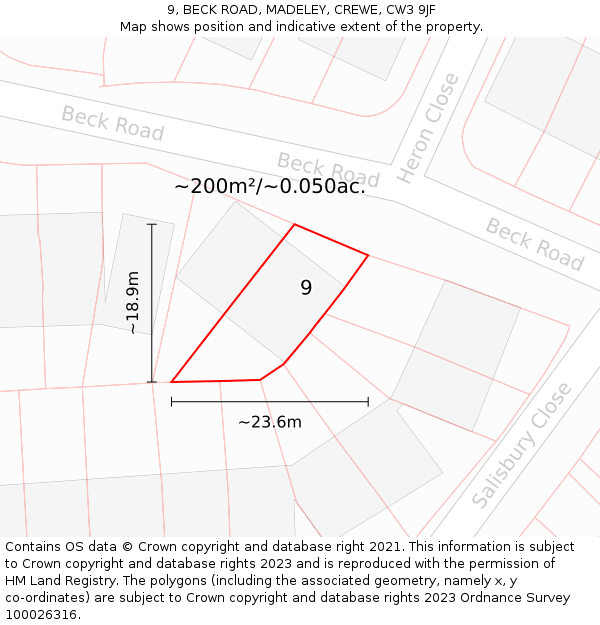 9, BECK ROAD, MADELEY, CREWE, CW3 9JF: Plot and title map