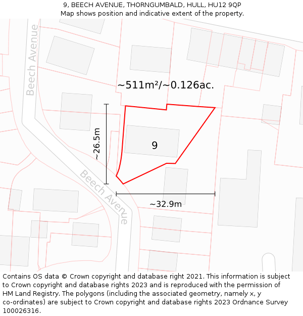 9, BEECH AVENUE, THORNGUMBALD, HULL, HU12 9QP: Plot and title map