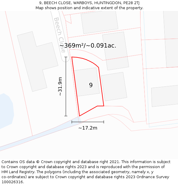 9, BEECH CLOSE, WARBOYS, HUNTINGDON, PE28 2TJ: Plot and title map