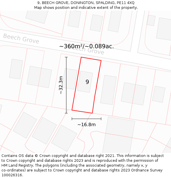 9, BEECH GROVE, DONINGTON, SPALDING, PE11 4XQ: Plot and title map