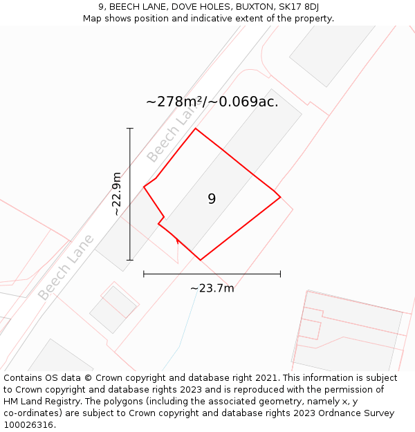 9, BEECH LANE, DOVE HOLES, BUXTON, SK17 8DJ: Plot and title map